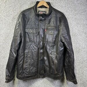Levis Jacket Mens XL Black Faux Leather Sherpa Lined Full Zip Pockets Military